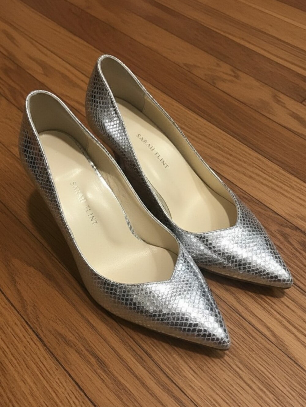 Sarah Flint Silver Metallic Snakeskin Pointed Toe Pumps